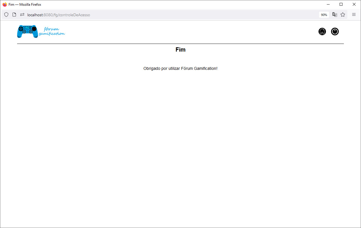Tela Obrigado por utilizar Fórum Gamification