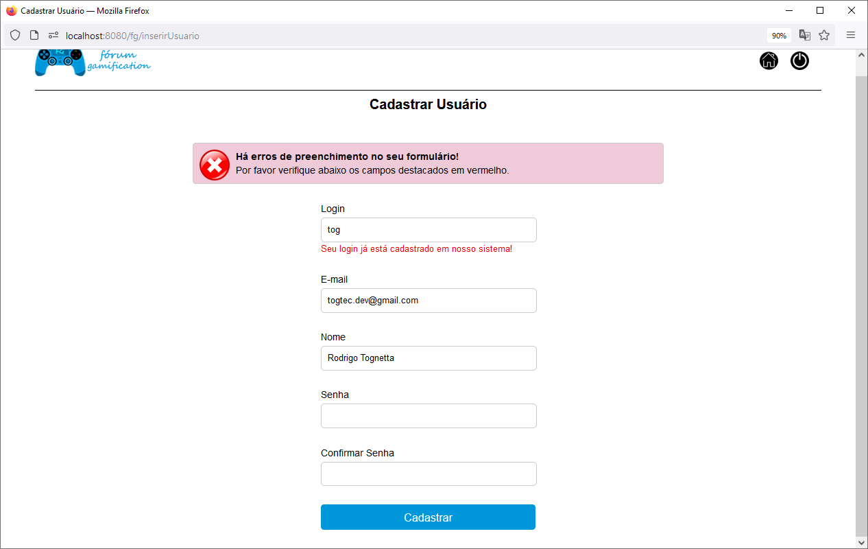 Cadastrar usuário com erro de preenchimento - login já cadastrado no sistema